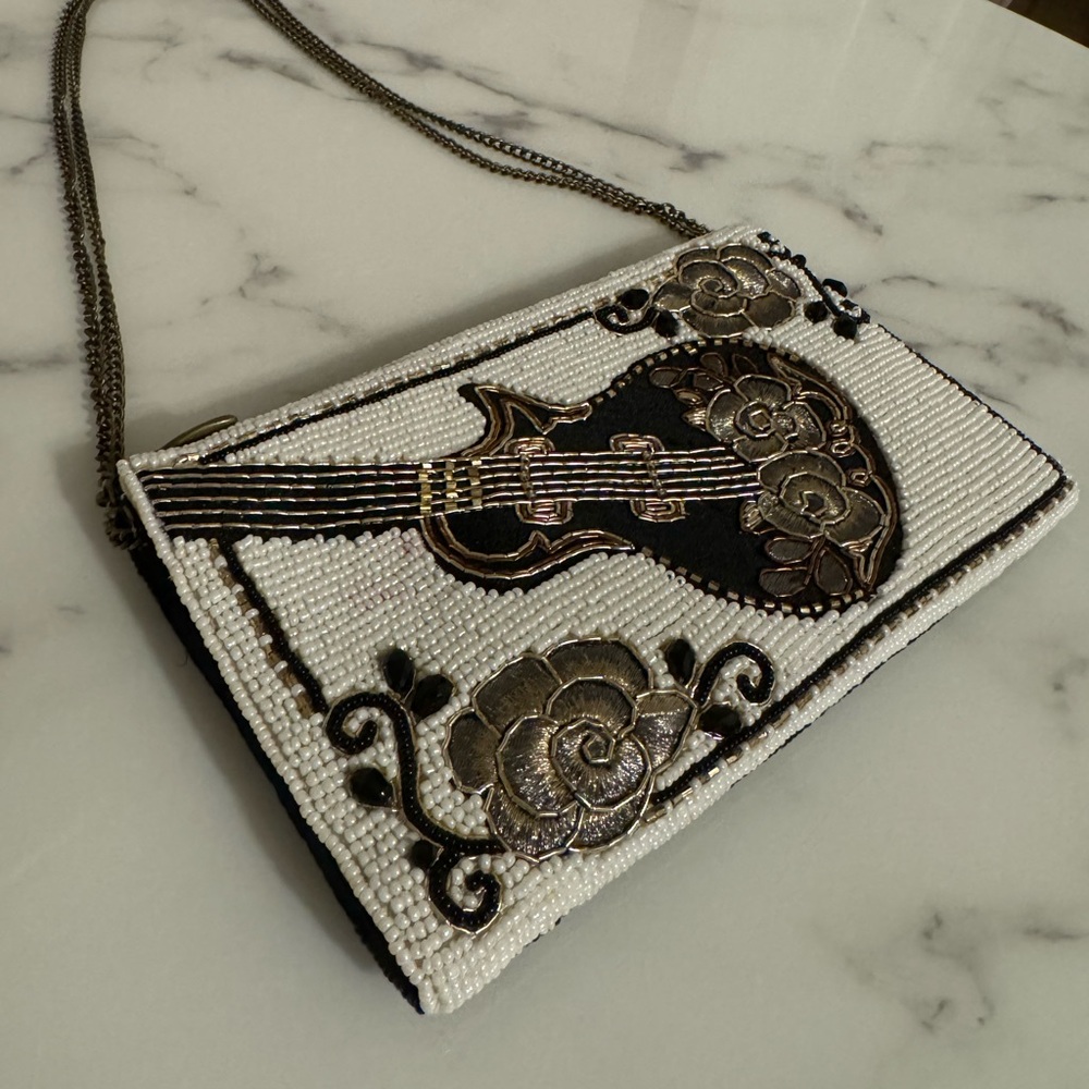 Guitar Beaded Double Sided Black/White Crossbody Clutch Bag